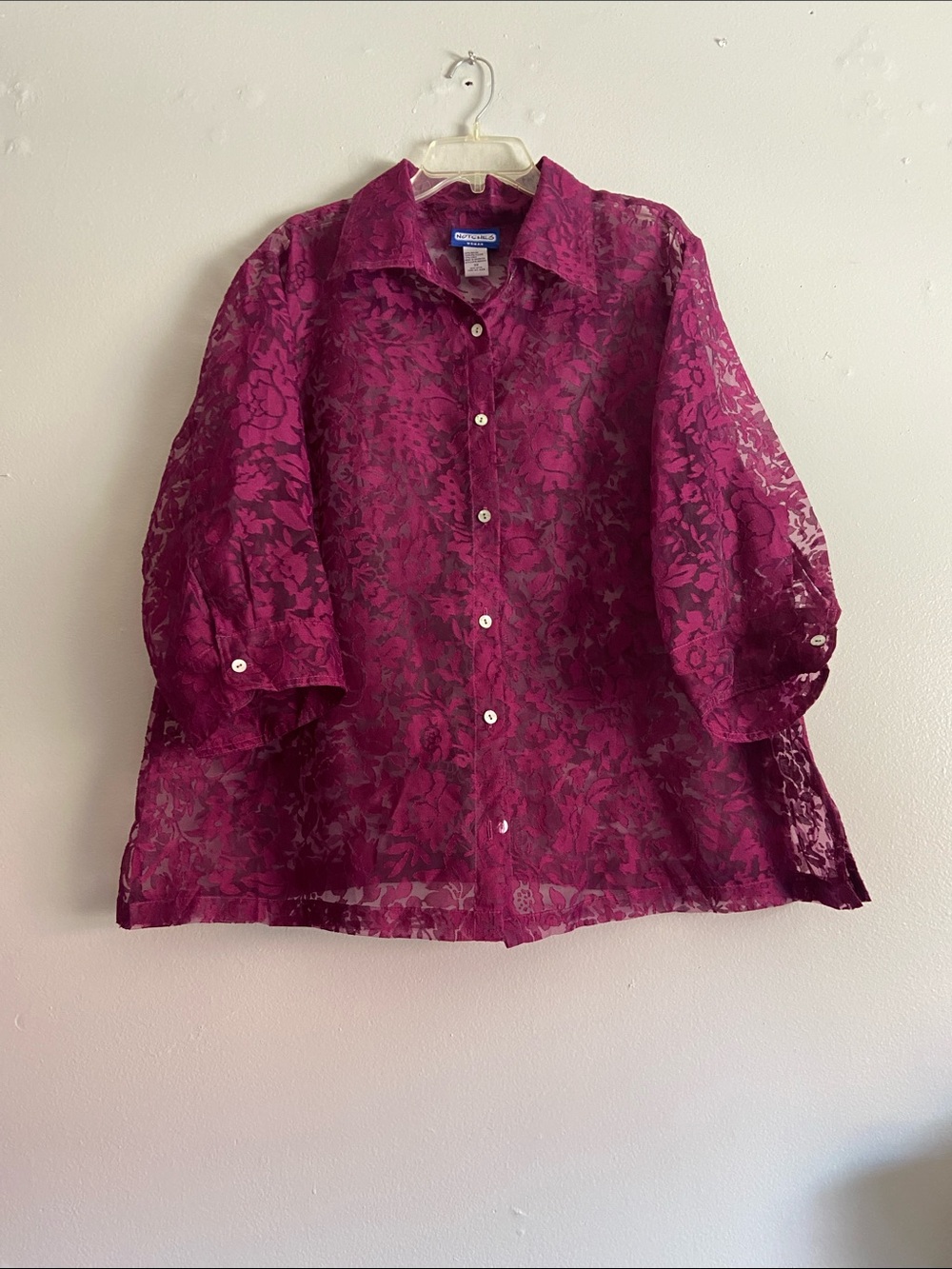 Vintage Notches Sheer Floral Button-Up Blouse in Deep Magenta Size 3X